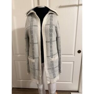 Lark + Grey Plaid Open Front Hooded Cardigan Sweater Size Petite Large